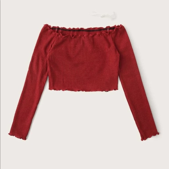 Rib Knit Lettuce Edge Long Sleeve Crop Top Red - Picture 2 of 5